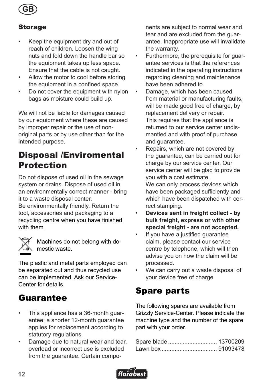 Disposal /enviromental protection, Guarantee, Spare parts | Florabest FRM 1200 A5 User Manual | Page 12 / 90