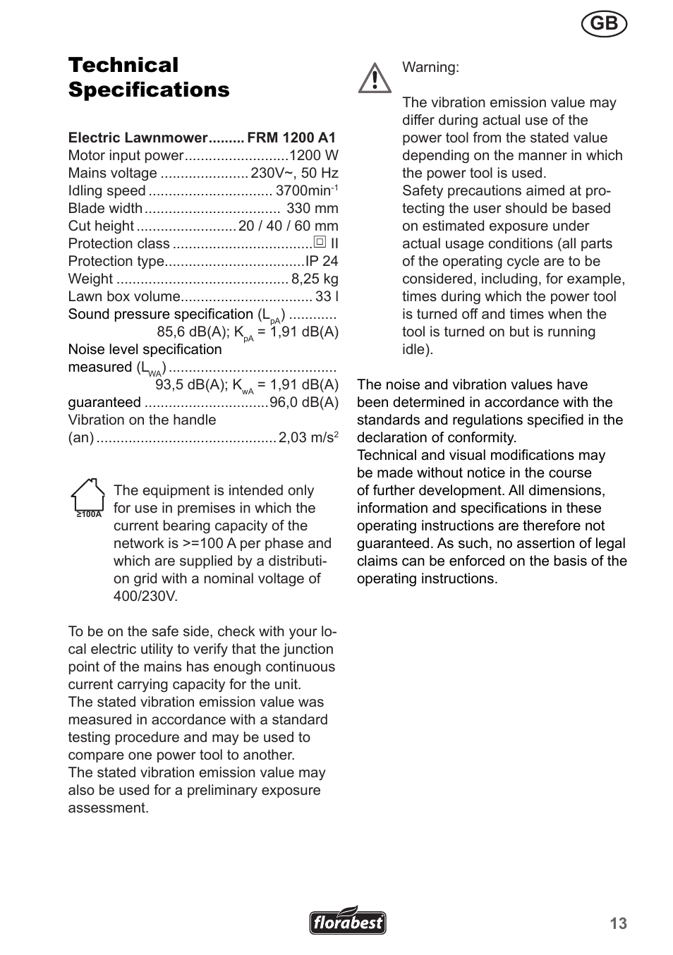 Technical specifications | Florabest FRM 1200 A5 User Manual | Page 13 / 90