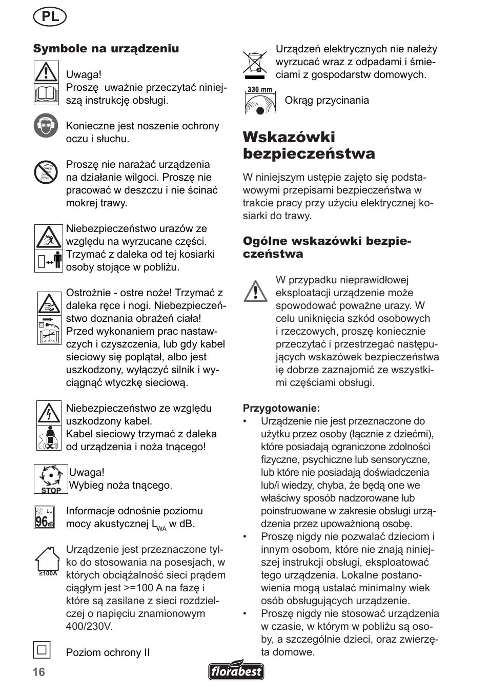 Wskazówki bezpieczeństwa | Florabest FRM 1200 A5 User Manual | Page 16 / 90