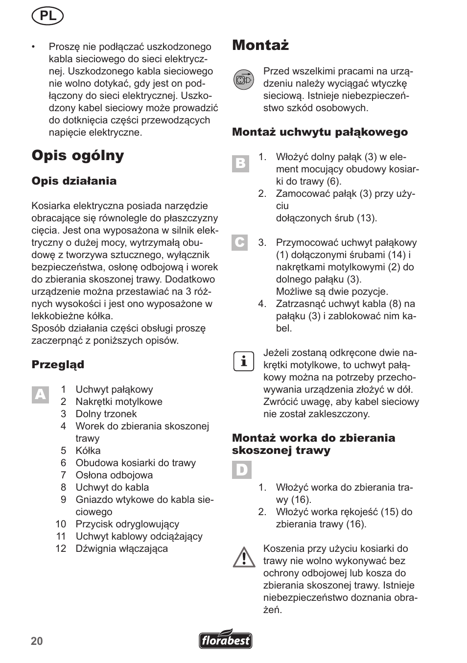 Opis ogólny, Montaż | Florabest FRM 1200 A5 User Manual | Page 20 / 90