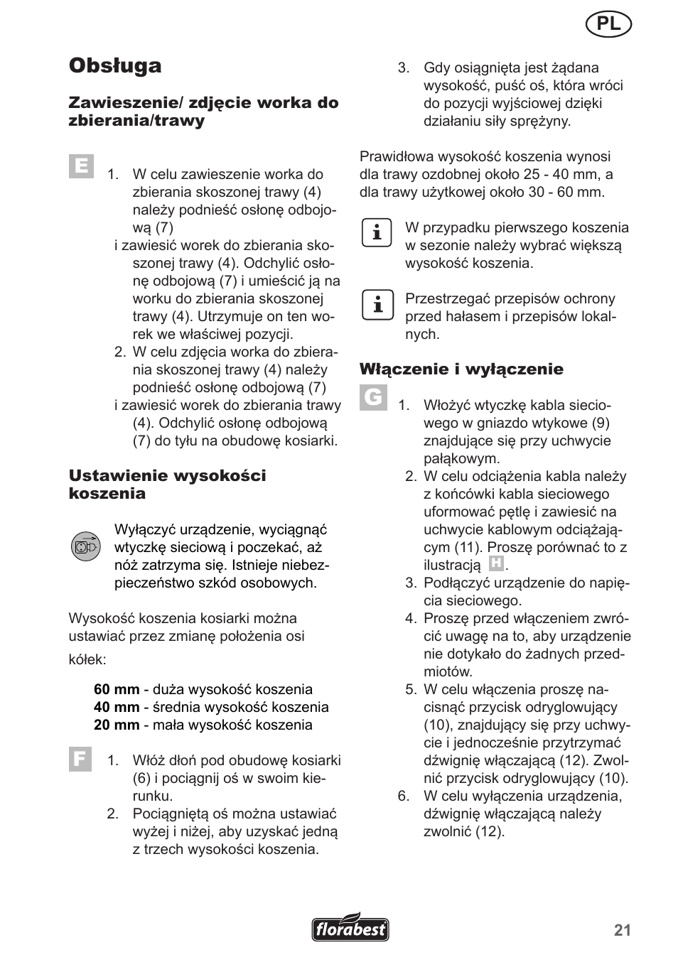 Obsługa | Florabest FRM 1200 A5 User Manual | Page 21 / 90