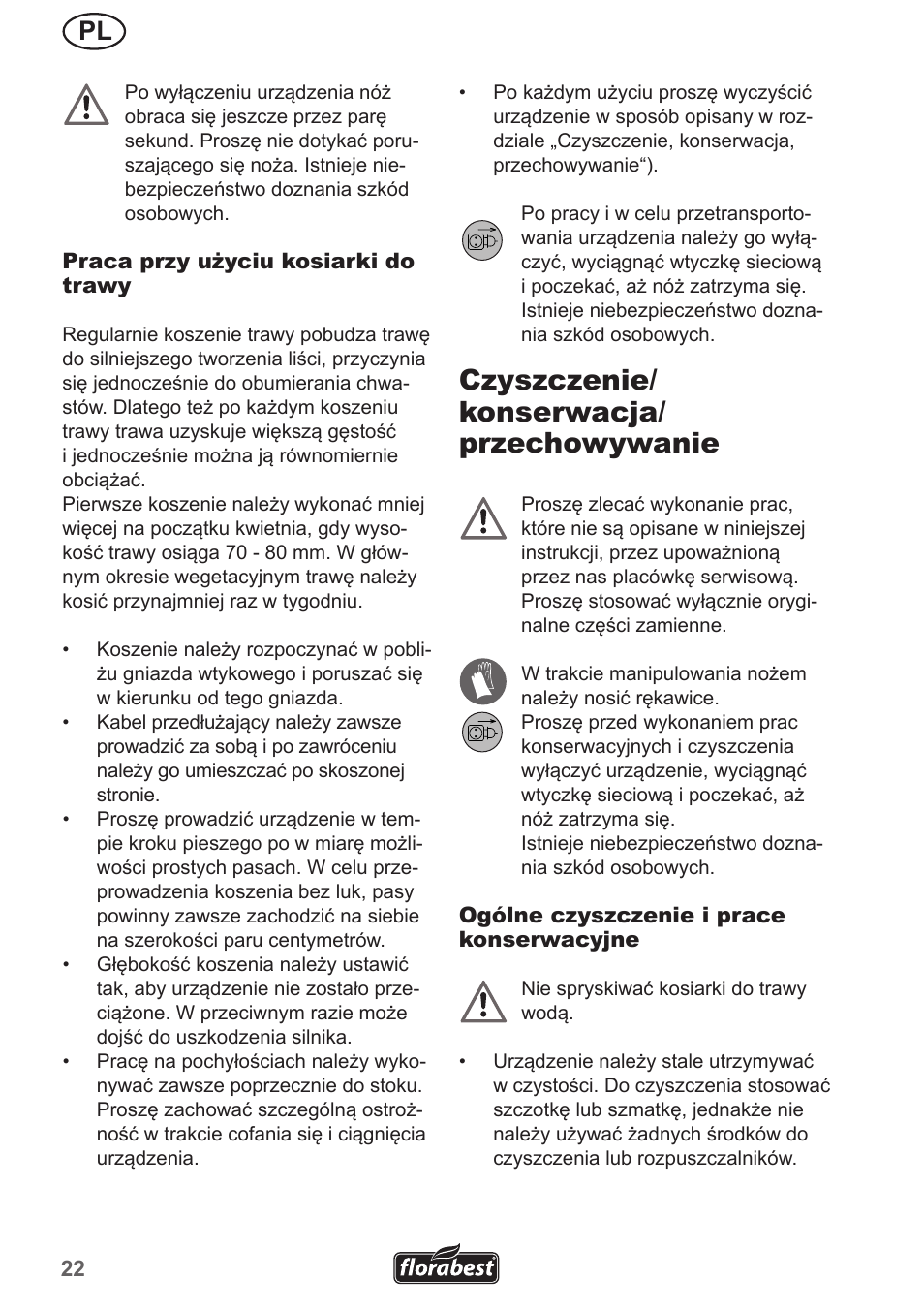 Czyszczenie/ konserwacja/ przechowywanie | Florabest FRM 1200 A5 User Manual | Page 22 / 90