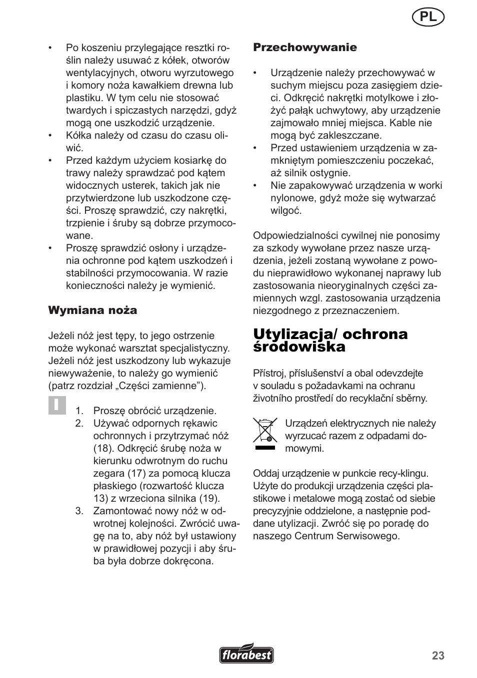 Utylizacja/ ochrona środowiska | Florabest FRM 1200 A5 User Manual | Page 23 / 90