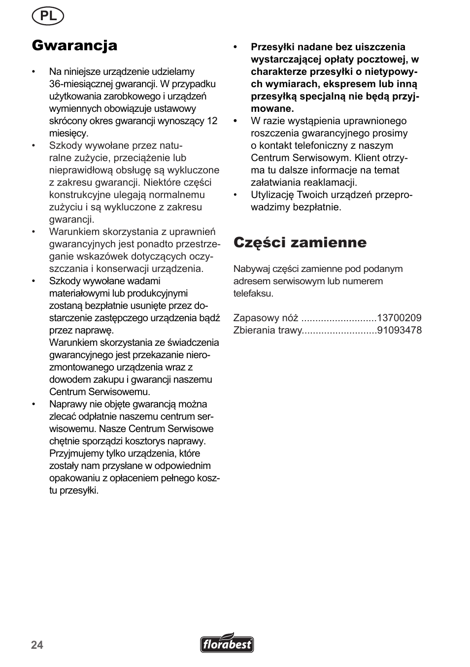 Gwarancja, Części zamienne | Florabest FRM 1200 A5 User Manual | Page 24 / 90
