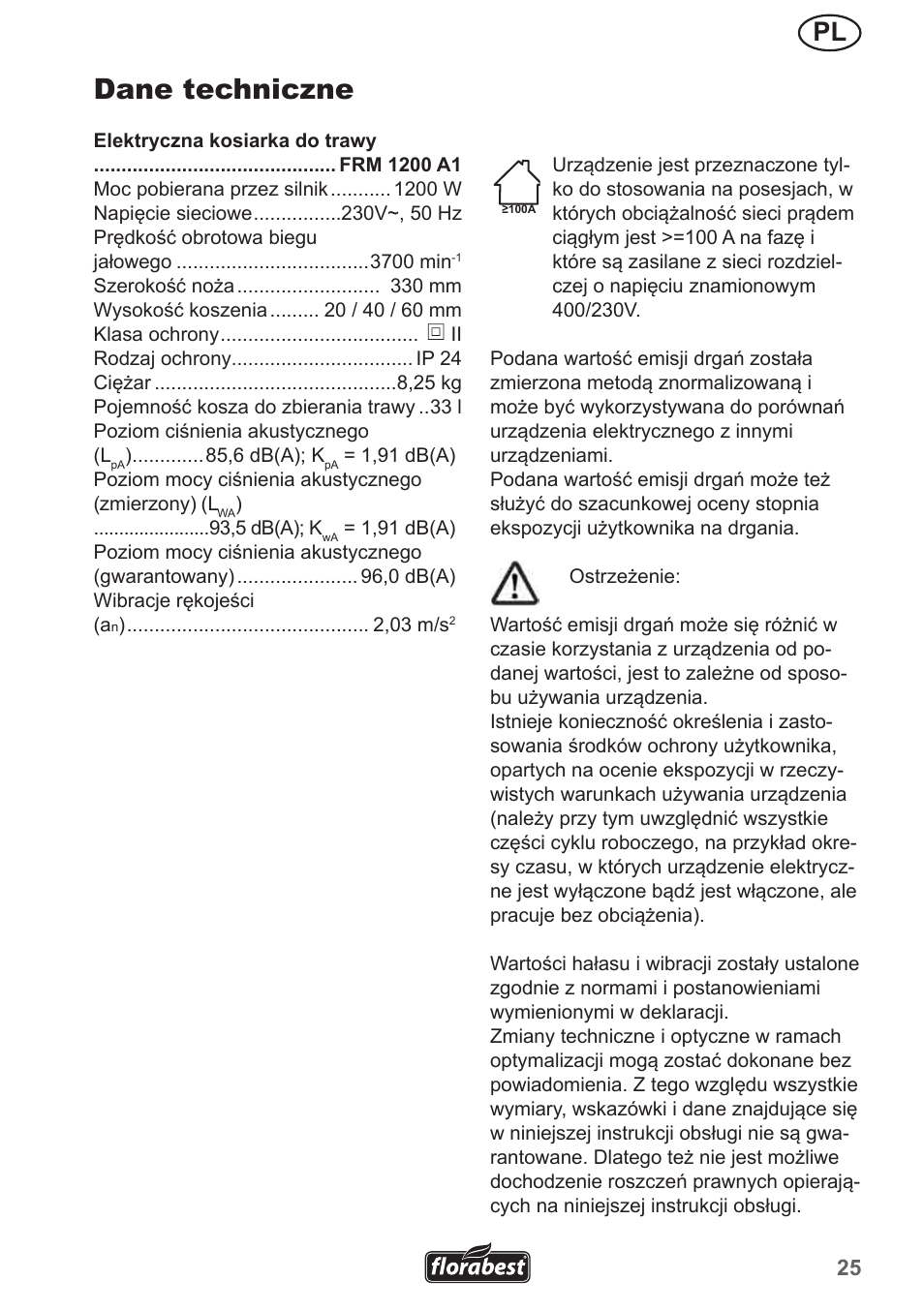 Dane techniczne | Florabest FRM 1200 A5 User Manual | Page 25 / 90