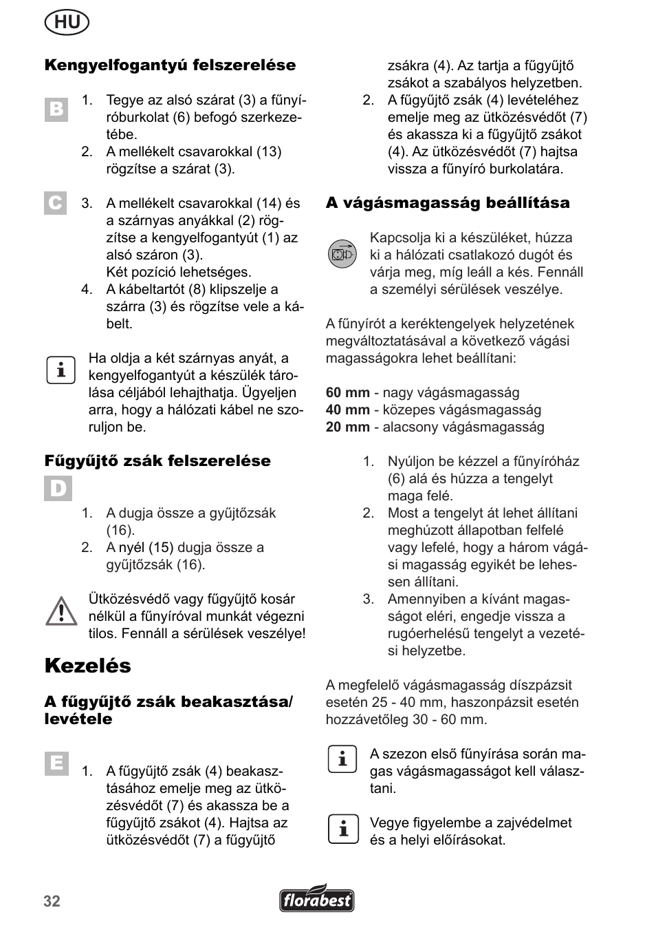 Kezelés | Florabest FRM 1200 A5 User Manual | Page 32 / 90