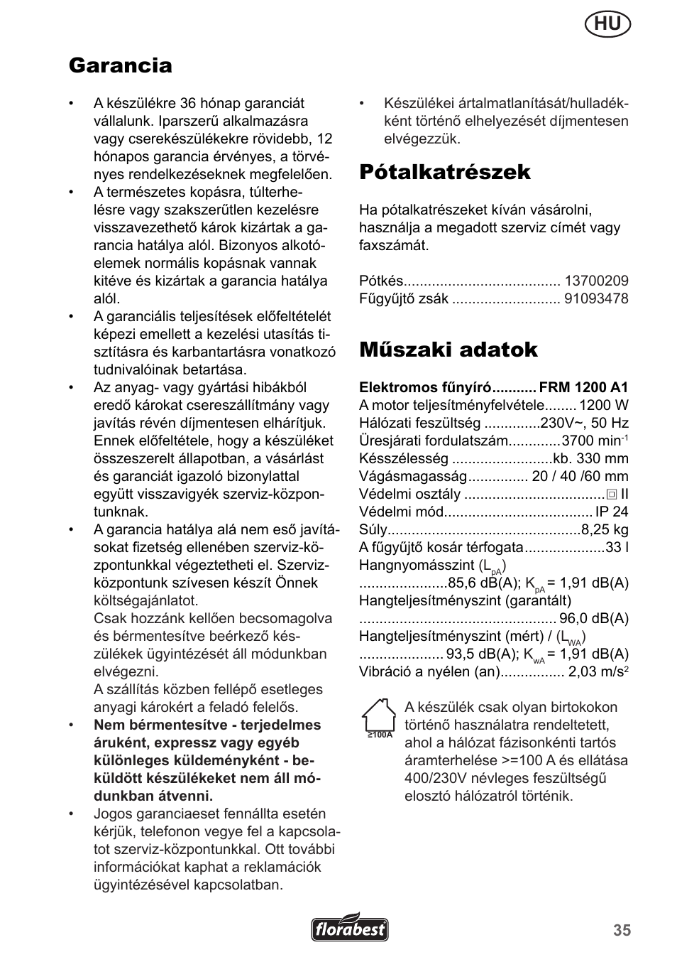 Pótalkatrészek, Műszaki adatok, Garancia | Florabest FRM 1200 A5 User Manual | Page 35 / 90