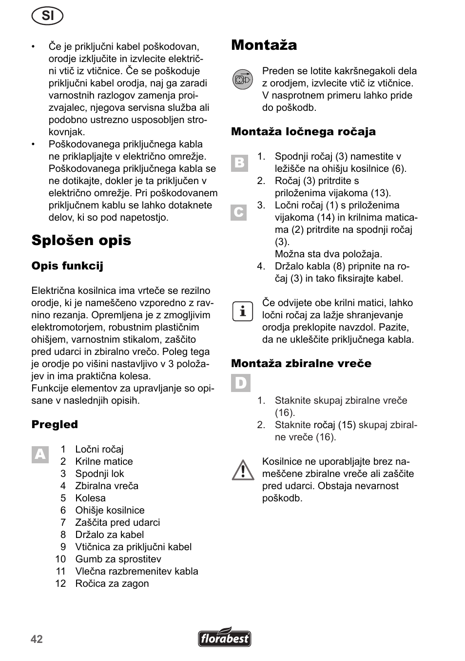 Splošen opis, Montaža | Florabest FRM 1200 A5 User Manual | Page 42 / 90