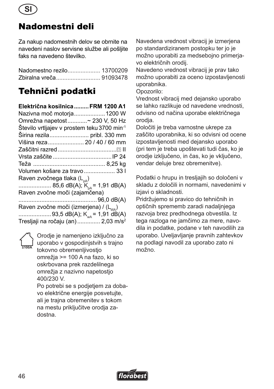 Nadomestni deli, Tehnični podatki | Florabest FRM 1200 A5 User Manual | Page 46 / 90