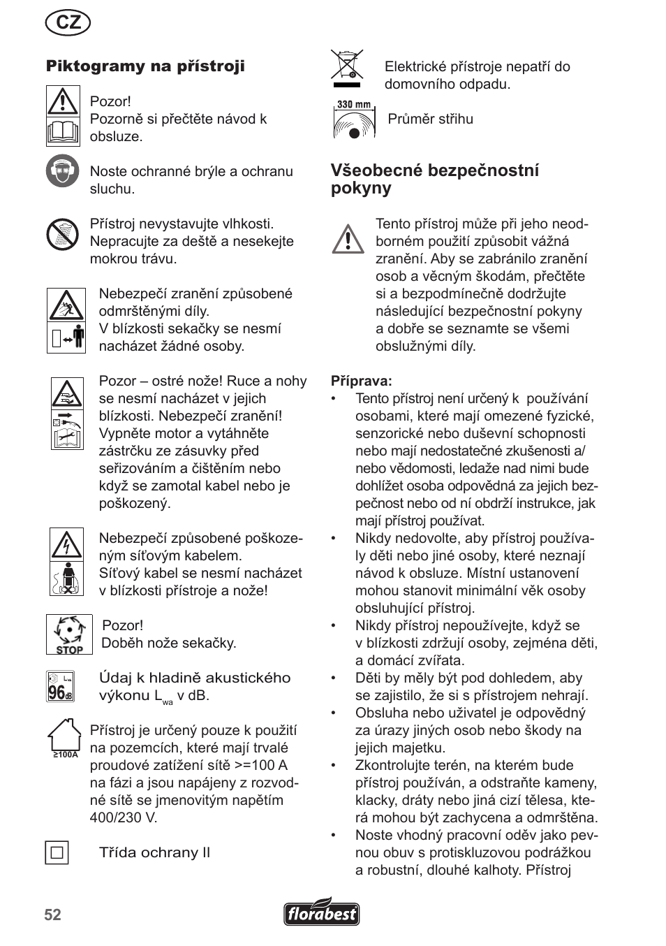 Všeobecné bezpečnostní pokyny | Florabest FRM 1200 A5 User Manual | Page 52 / 90