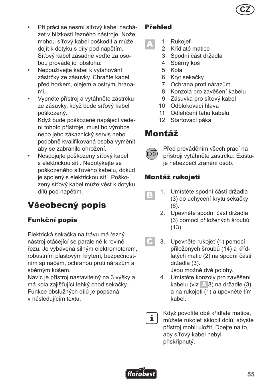 Všeobecný popis, Montáž | Florabest FRM 1200 A5 User Manual | Page 55 / 90