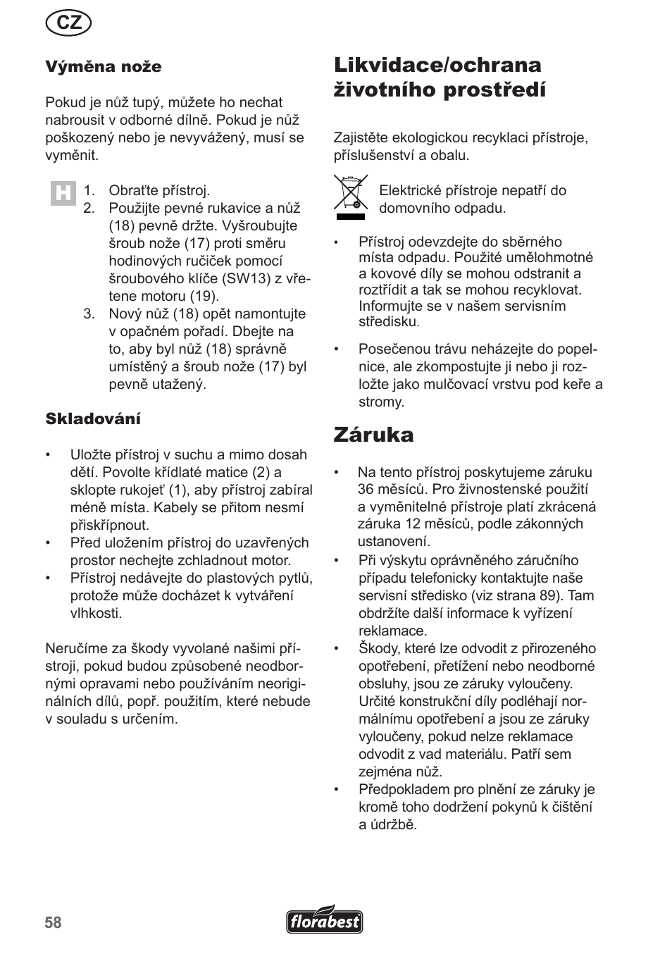 Likvidace/ochrana životního prostředí, Záruka | Florabest FRM 1200 A5 User Manual | Page 58 / 90