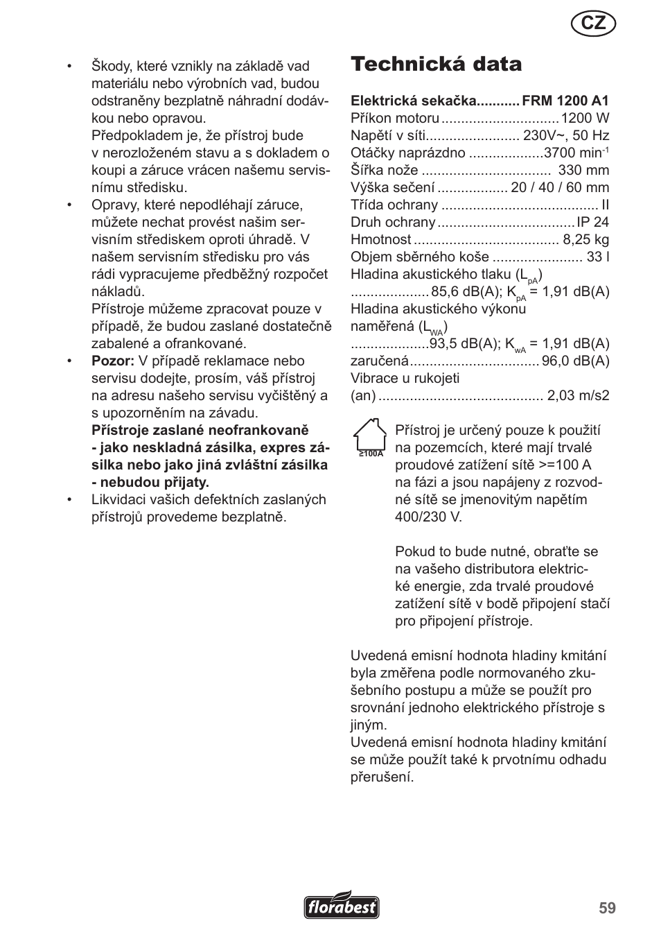 Technická data | Florabest FRM 1200 A5 User Manual | Page 59 / 90