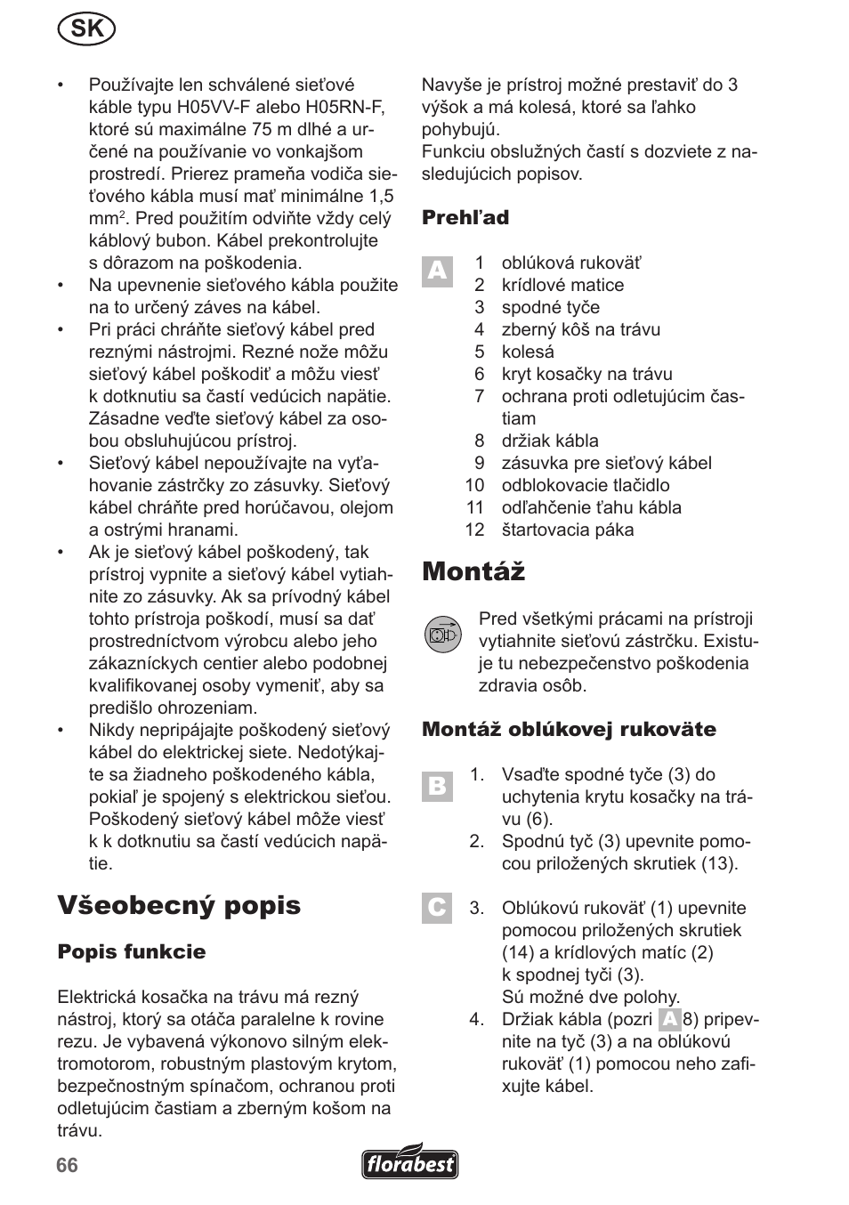 Všeobecný popis, Montáž | Florabest FRM 1200 A5 User Manual | Page 66 / 90
