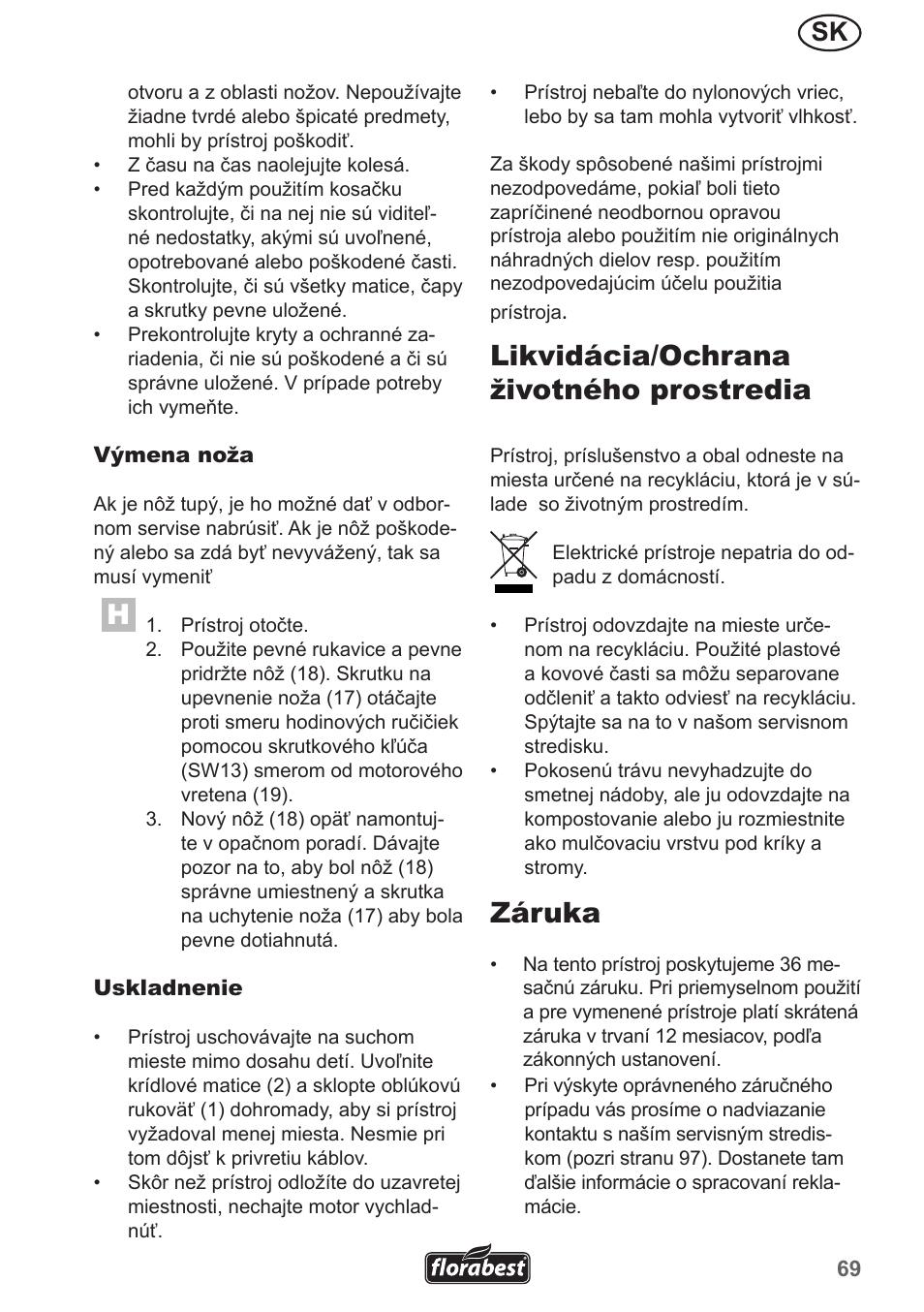 Likvidácia/ochrana životného prostredia, Záruka | Florabest FRM 1200 A5 User Manual | Page 69 / 90