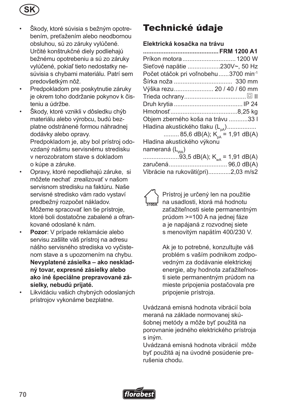 Technické údaje | Florabest FRM 1200 A5 User Manual | Page 70 / 90