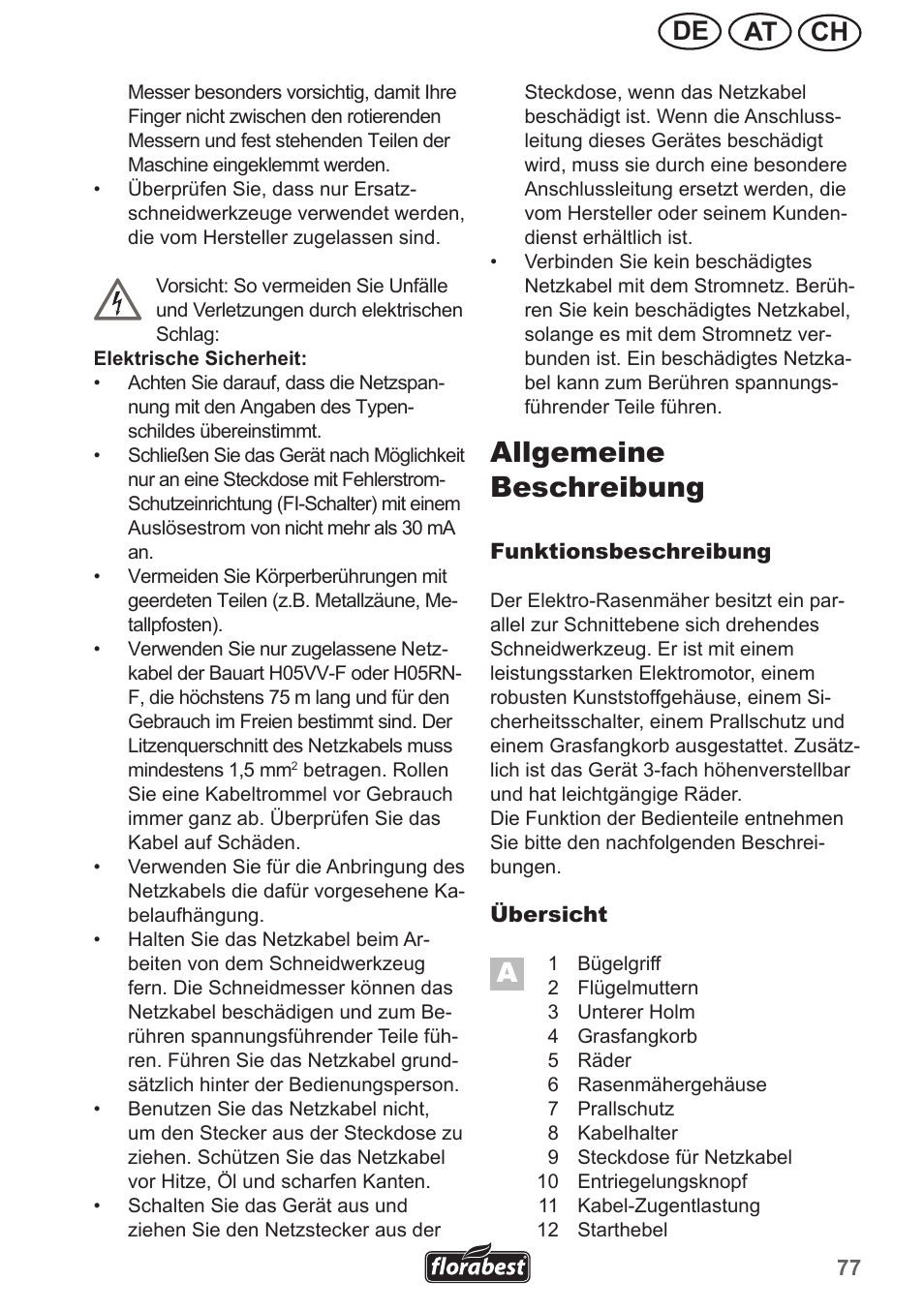 Allgemeine beschreibung, Ch at de | Florabest FRM 1200 A5 User Manual | Page 77 / 90