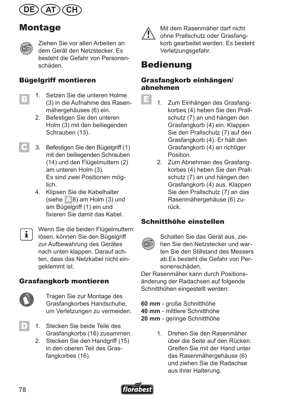 Montage, Bedienung, Ch at de | Florabest FRM 1200 A5 User Manual | Page 78 / 90