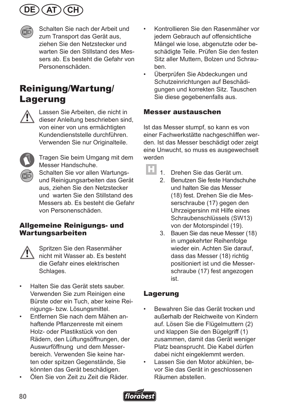 Reinigung/wartung/ lagerung, Ch at de | Florabest FRM 1200 A5 User Manual | Page 80 / 90