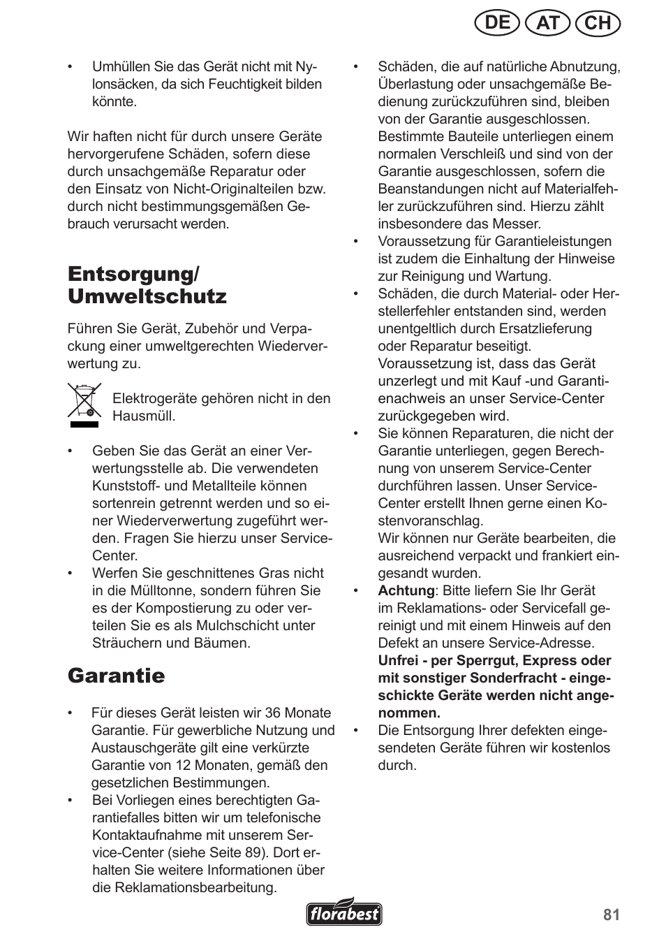 Entsorgung/ umweltschutz, Garantie, Ch at de | Florabest FRM 1200 A5 User Manual | Page 81 / 90