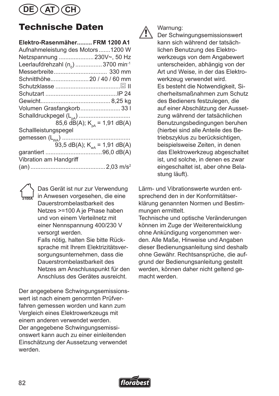 Technische daten, Ch at de | Florabest FRM 1200 A5 User Manual | Page 82 / 90