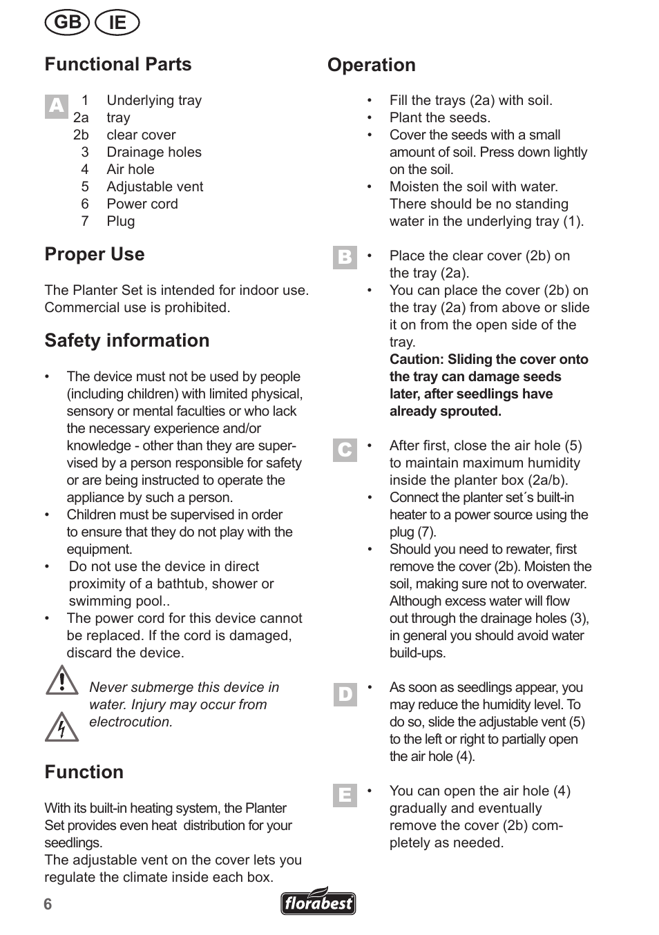 Ie gb functional parts, Proper use, Safety information | Function, Operation | Florabest FAZ 13 A1 User Manual | Page 6 / 10