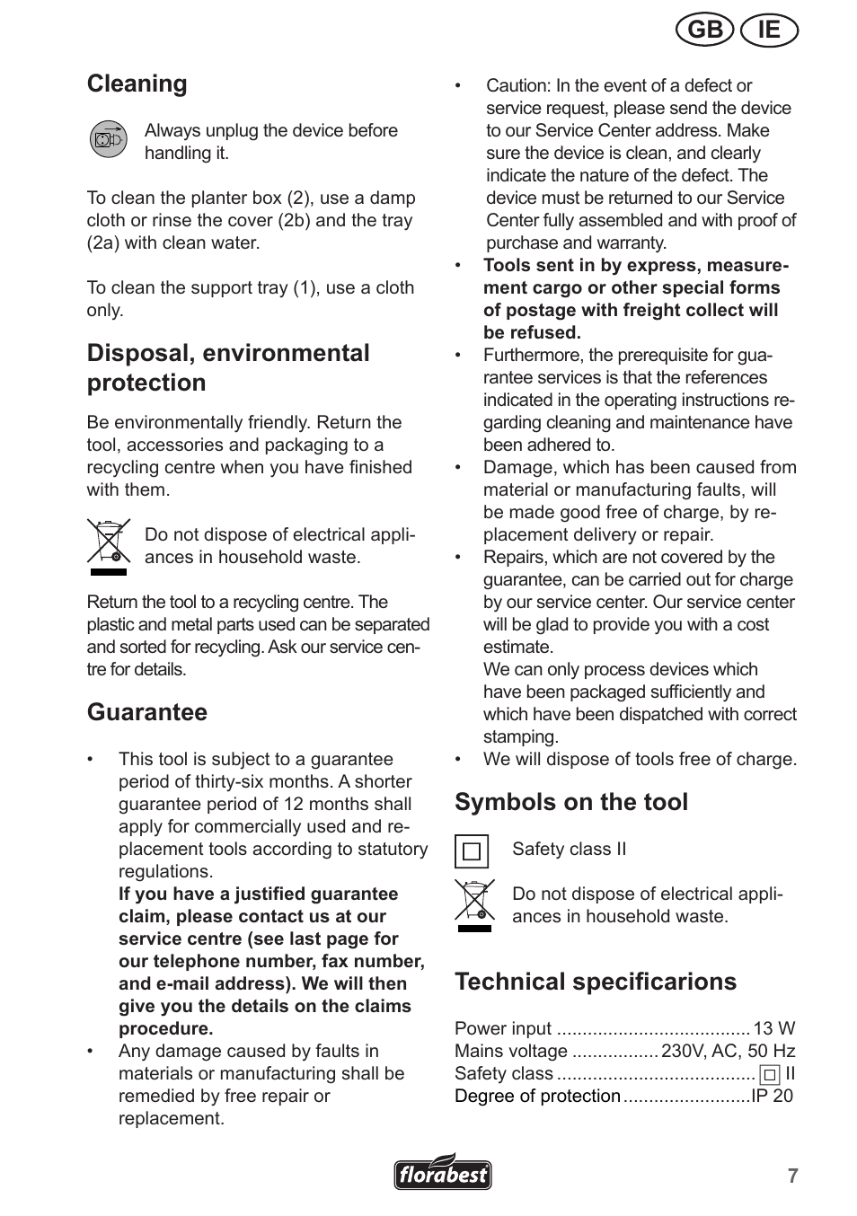 Ie gb cleaning, Disposal, environmental protection, Guarantee | Symbols on the tool, Technical specificarions | Florabest FAZ 13 A1 User Manual | Page 7 / 10