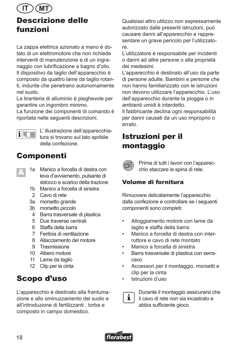 Descrizione delle funzioni, Componenti a, Scopo d’uso | Istruzioni per il montaggio, Mt it | Florabest FGH 710 A1 User Manual | Page 18 / 58