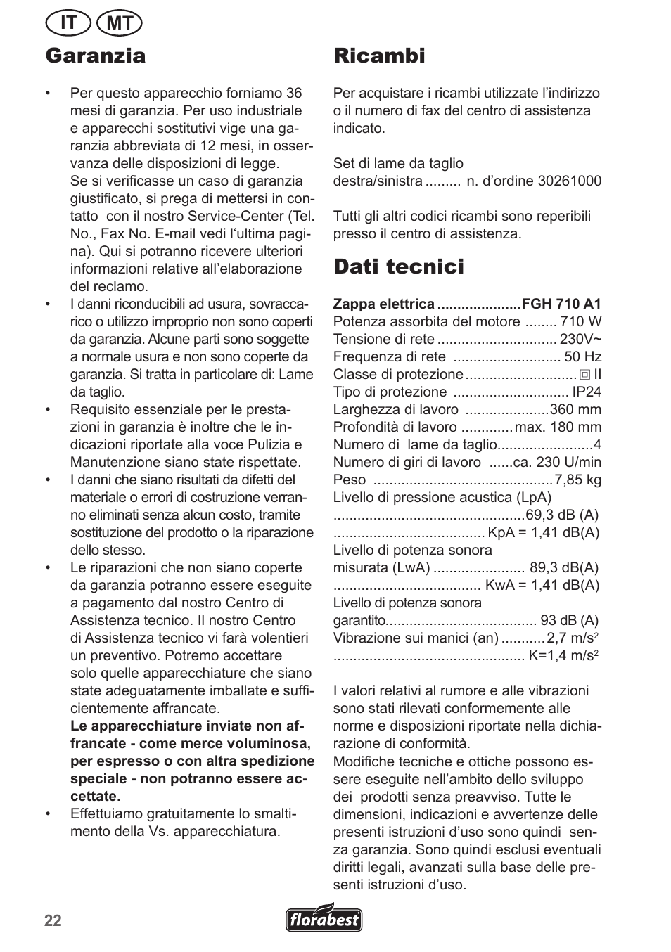 Garanzia, Ricambi, Dati tecnici | Mt it | Florabest FGH 710 A1 User Manual | Page 22 / 58