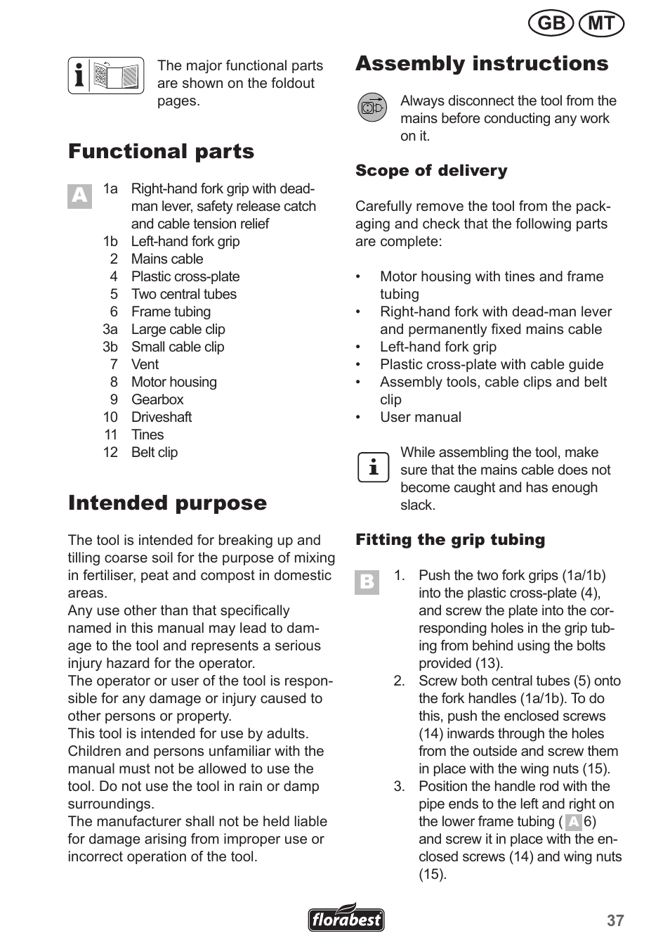 Functional parts, Intended purpose, Assembly instructions | Mt gb | Florabest FGH 710 A1 User Manual | Page 37 / 58