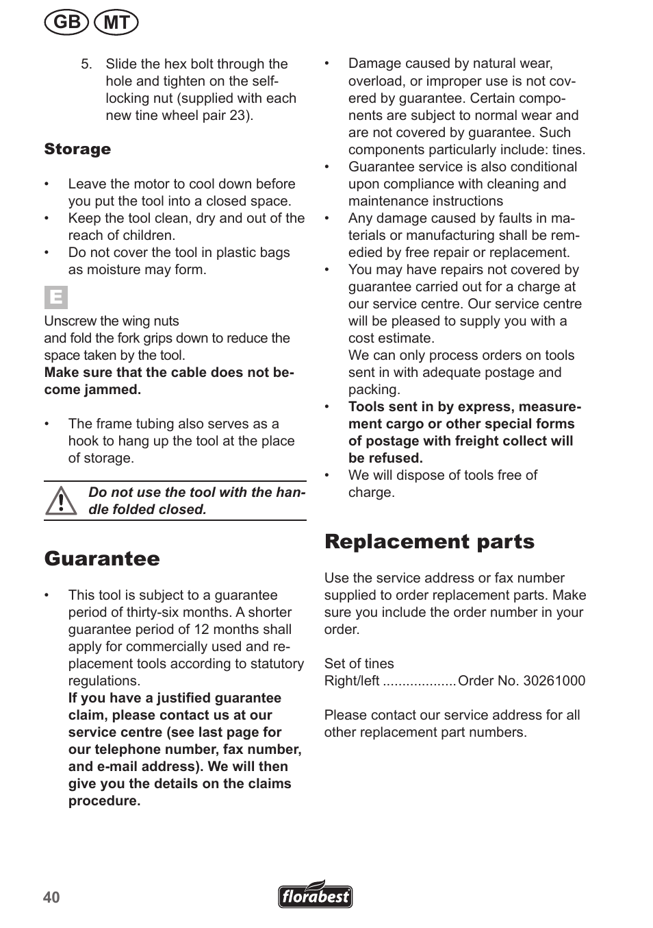 Guarantee, Replacement parts, Mt gb | Florabest FGH 710 A1 User Manual | Page 40 / 58
