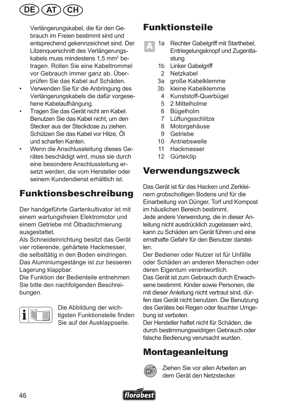 Funktionsbeschreibung, Funktionsteile a, Verwendungszweck | Montageanleitung, Ch at de | Florabest FGH 710 A1 User Manual | Page 46 / 58