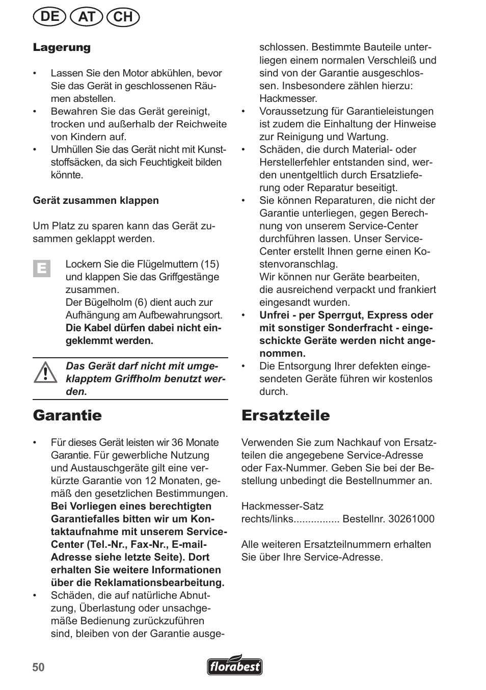 Garantie, Ersatzteile, Ch at de | Florabest FGH 710 A1 User Manual | Page 50 / 58