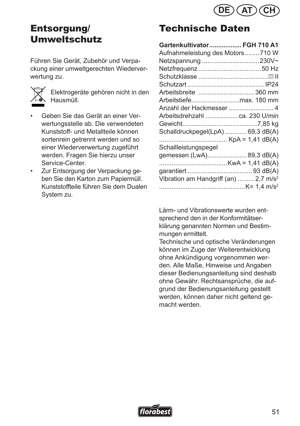 Entsorgung/ umweltschutz, Technische daten, Ch at de | Florabest FGH 710 A1 User Manual | Page 51 / 58