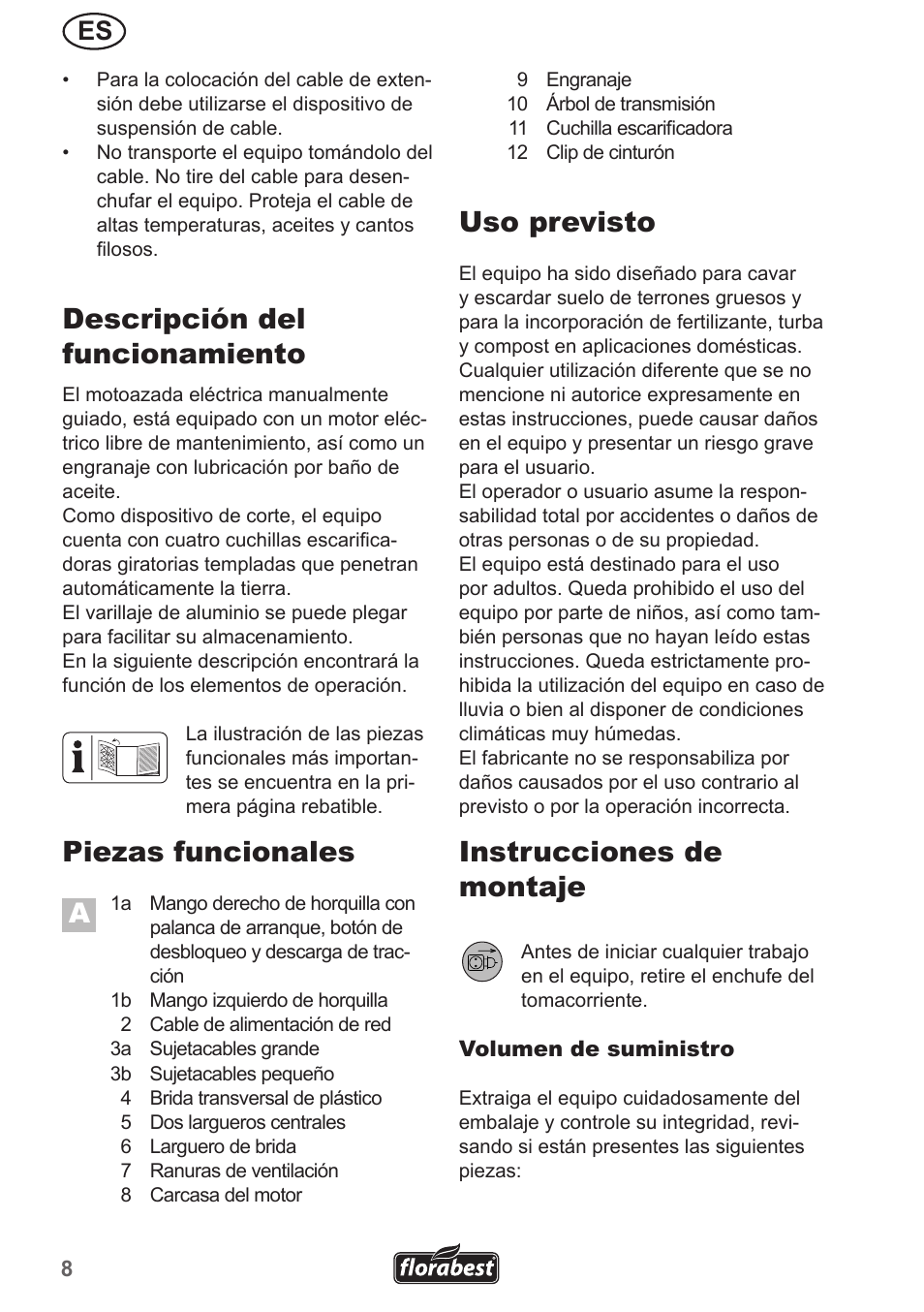 Descripción del funcionamiento, Piezas funcionales, Uso previsto | Instrucciones de montaje | Florabest FGH 710 A1 User Manual | Page 8 / 58