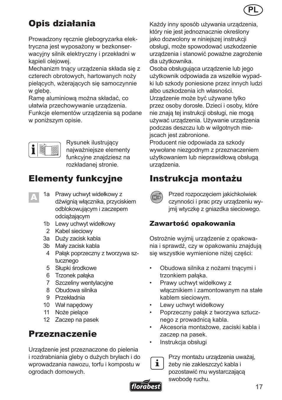 Opis działania, Elementy funkcyjne, Przeznaczenie | Instrukcja montażu | Florabest FGH 710 A1 User Manual | Page 17 / 86