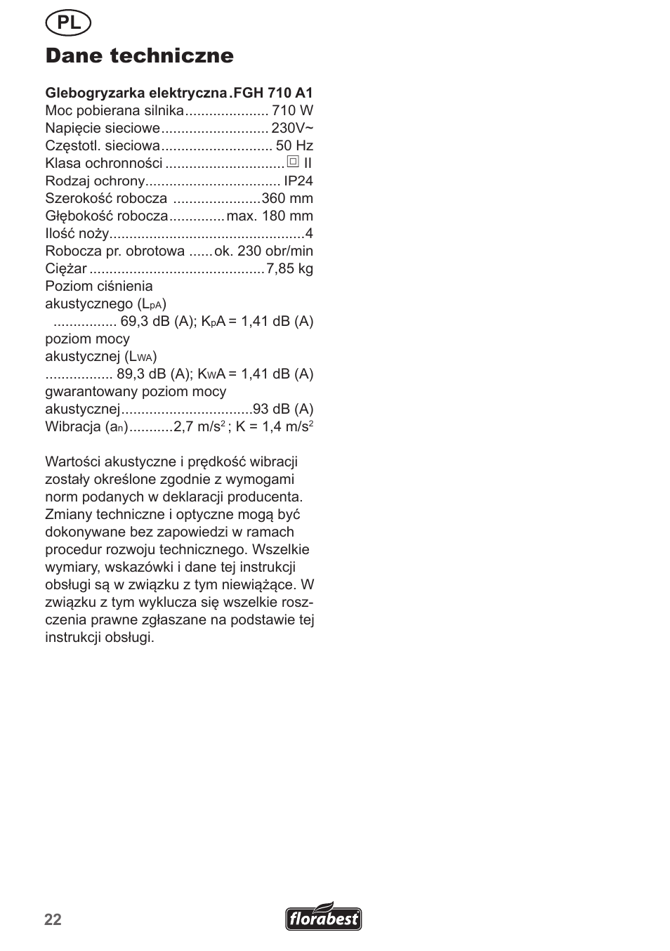Dane techniczne | Florabest FGH 710 A1 User Manual | Page 22 / 86
