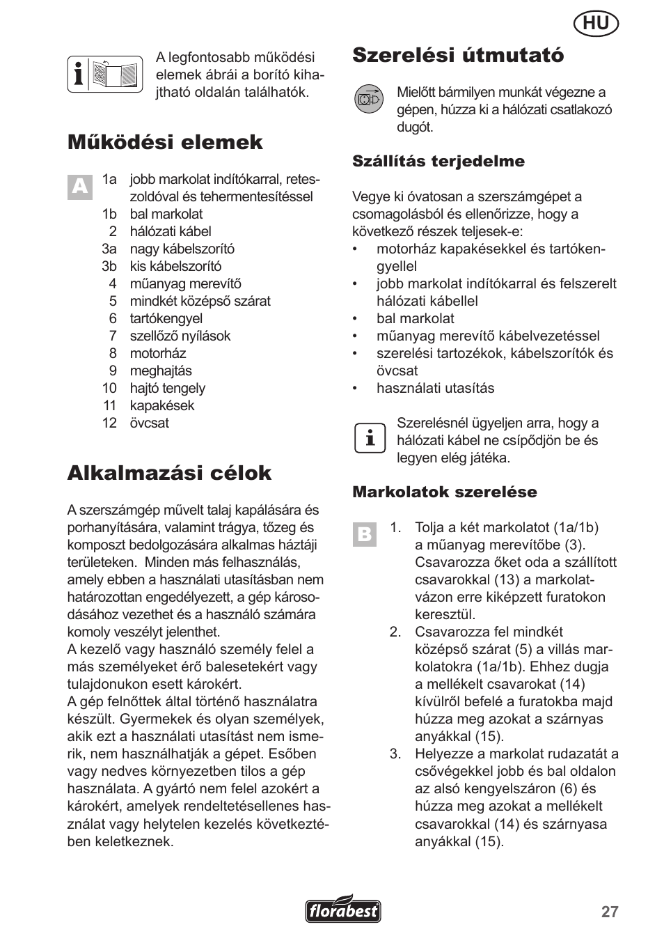 Működési elemek a, Alkalmazási célok, Szerelési útmutató | Florabest FGH 710 A1 User Manual | Page 27 / 86
