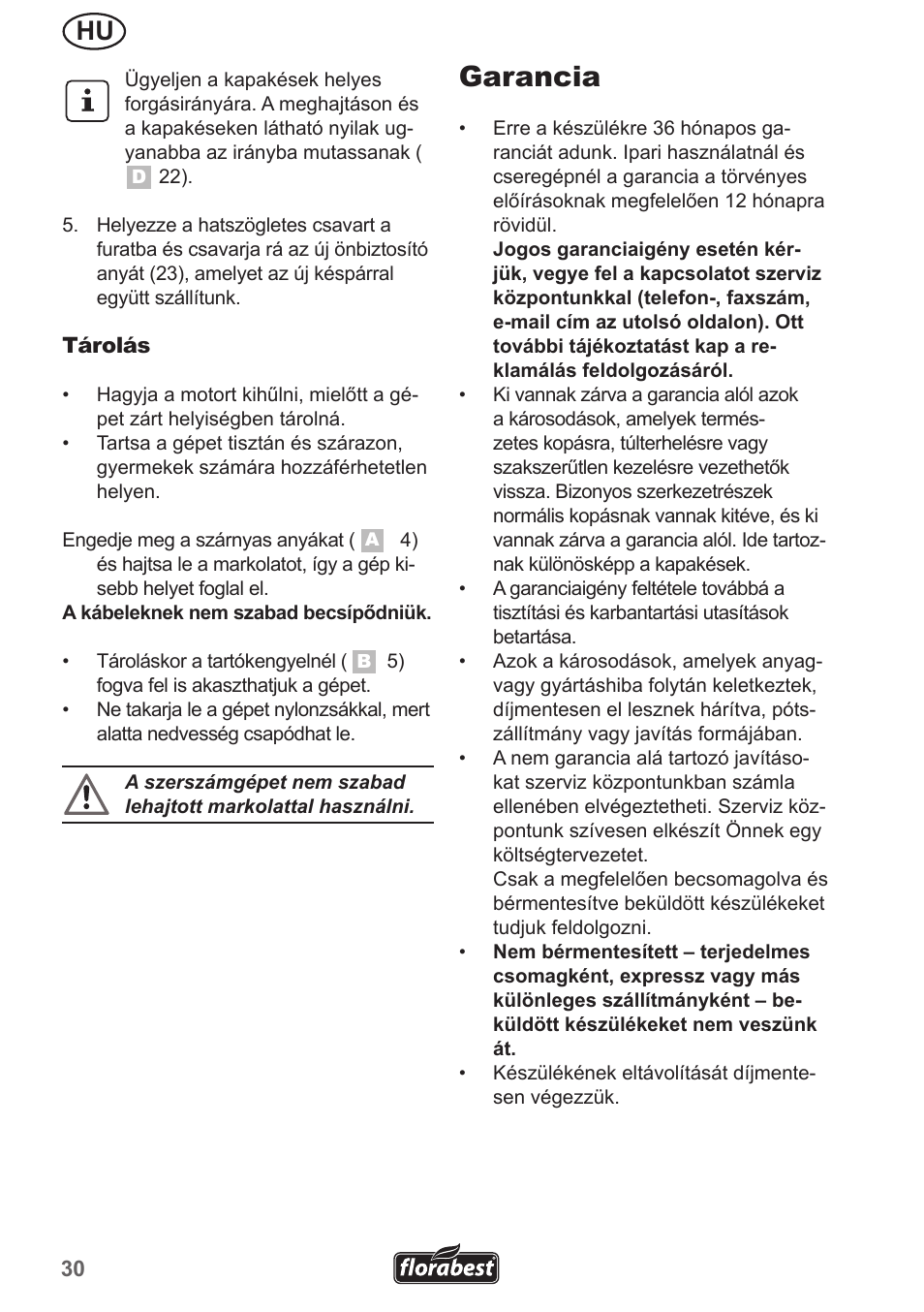 Garancia | Florabest FGH 710 A1 User Manual | Page 30 / 86