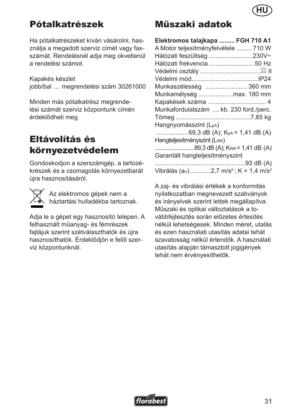 Pótalkatrészek, Eltávolítás és környezetvédelem, Műszaki adatok | Florabest FGH 710 A1 User Manual | Page 31 / 86