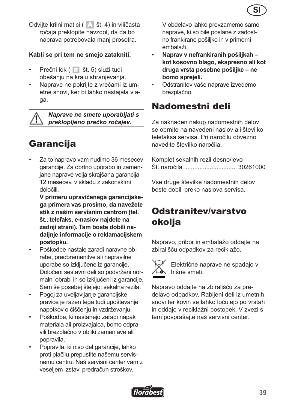 Garancija, Nadomestni deli, Odstranitev/varstvo okolja | Florabest FGH 710 A1 User Manual | Page 39 / 86