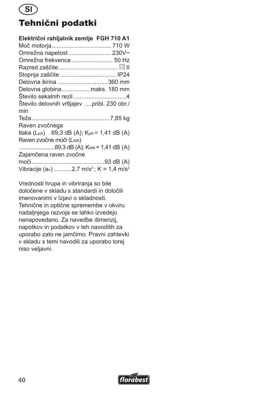 Tehnični podatki | Florabest FGH 710 A1 User Manual | Page 40 / 86