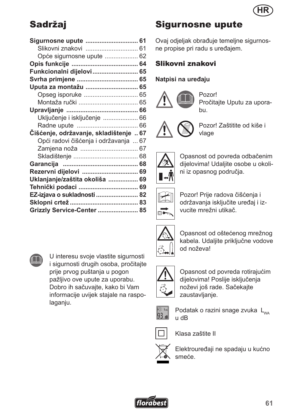 Sigurnosne upute, Sadržaj | Florabest FGH 710 A1 User Manual | Page 61 / 86