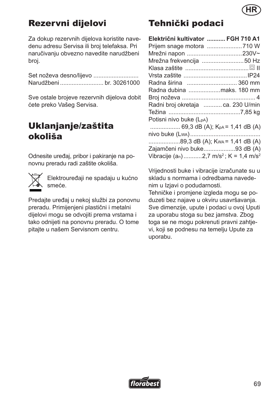 Rezervni dijelovi, Uklanjanje/zaštita okoliša, Tehnički podaci | Florabest FGH 710 A1 User Manual | Page 69 / 86