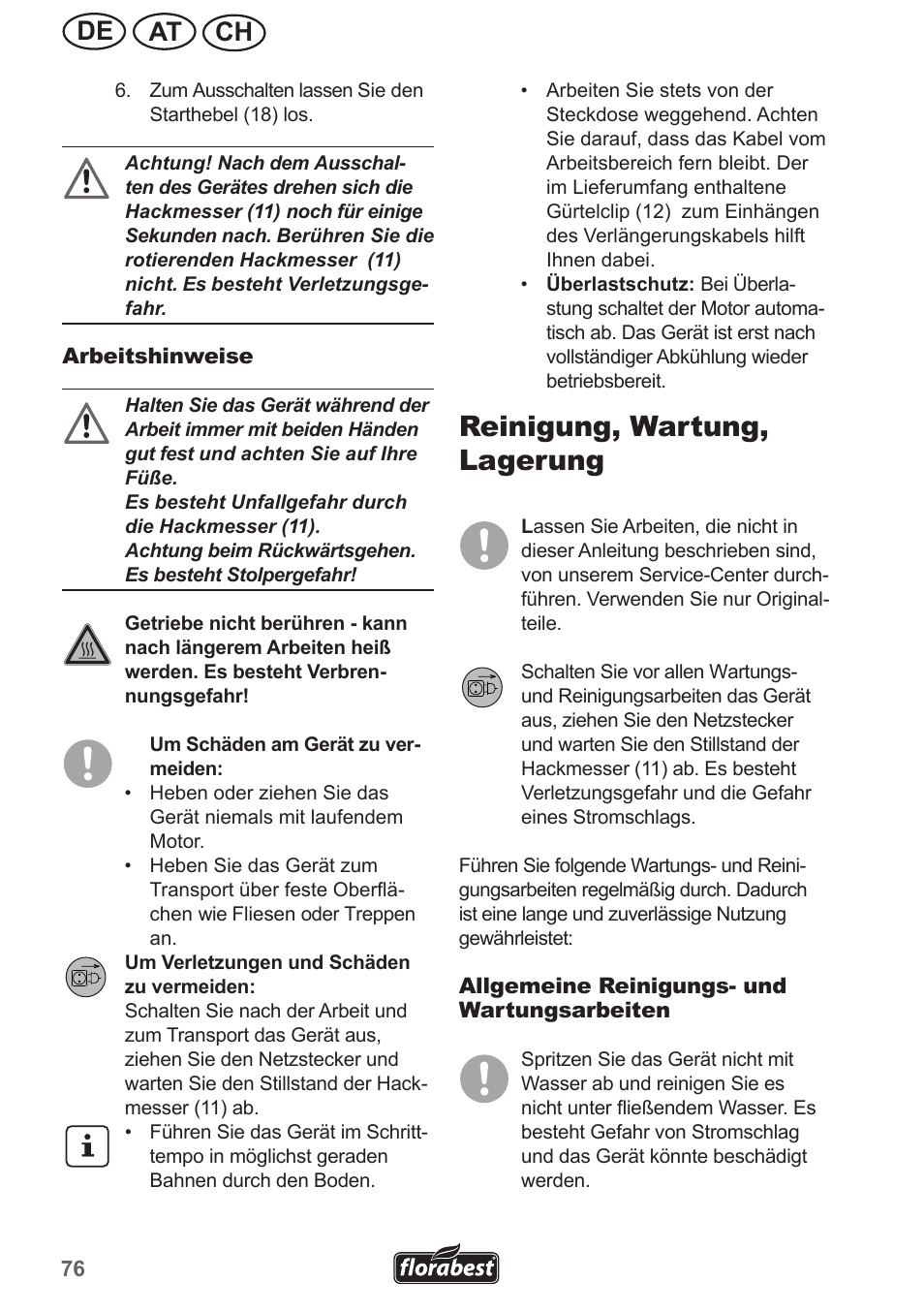 Reinigung, wartung, lagerung, Ch at de | Florabest FGH 710 A1 User Manual | Page 76 / 86