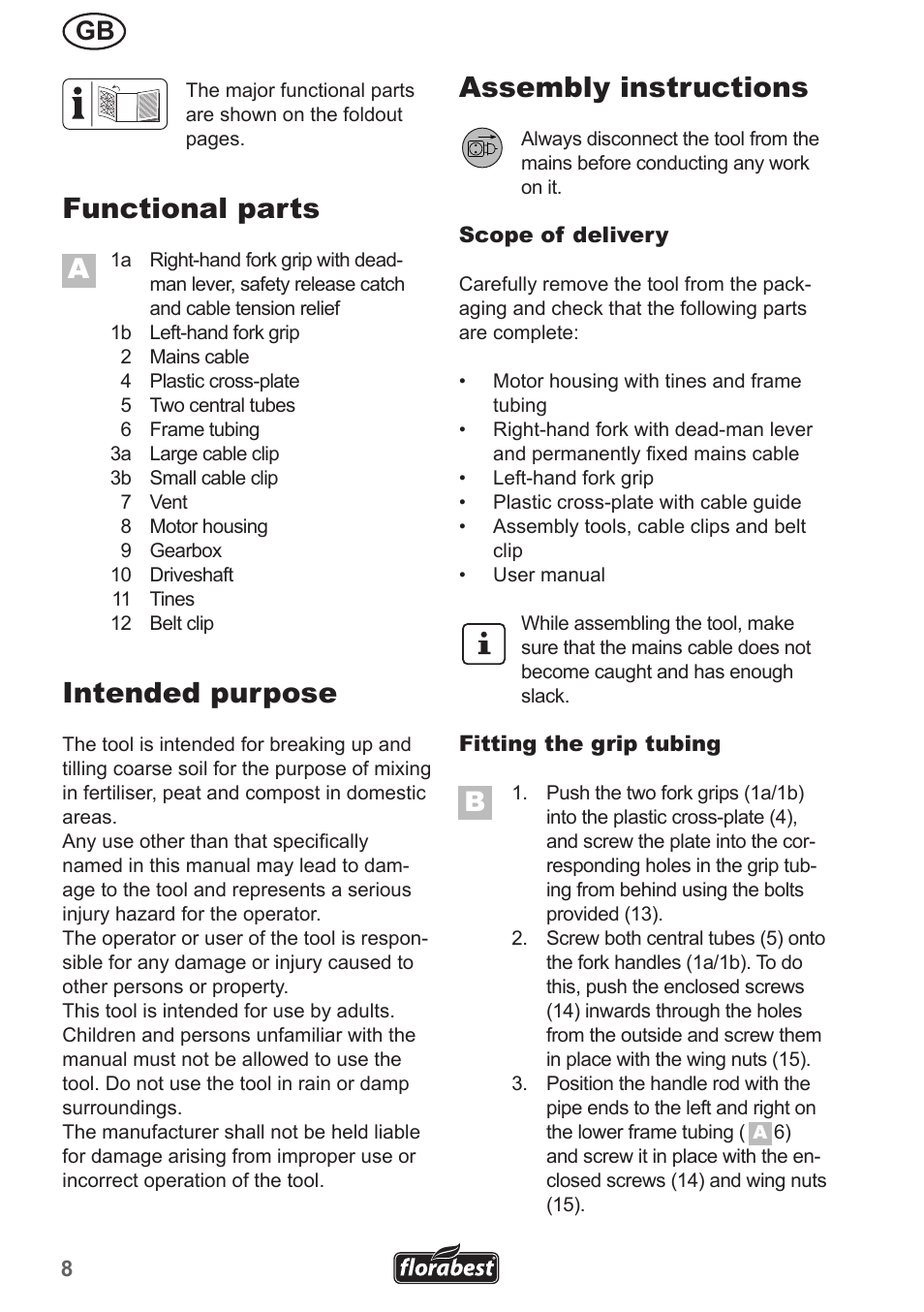 Functional parts, Intended purpose, Assembly instructions | Florabest FGH 710 A1 User Manual | Page 8 / 86