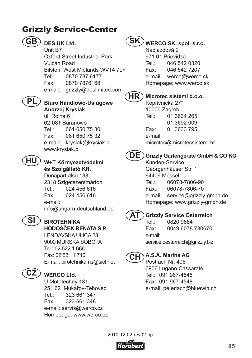 Grizzly service-center, Cz gb si pl hu, Ch at de sk | Florabest FGH 710 A1 User Manual | Page 85 / 86
