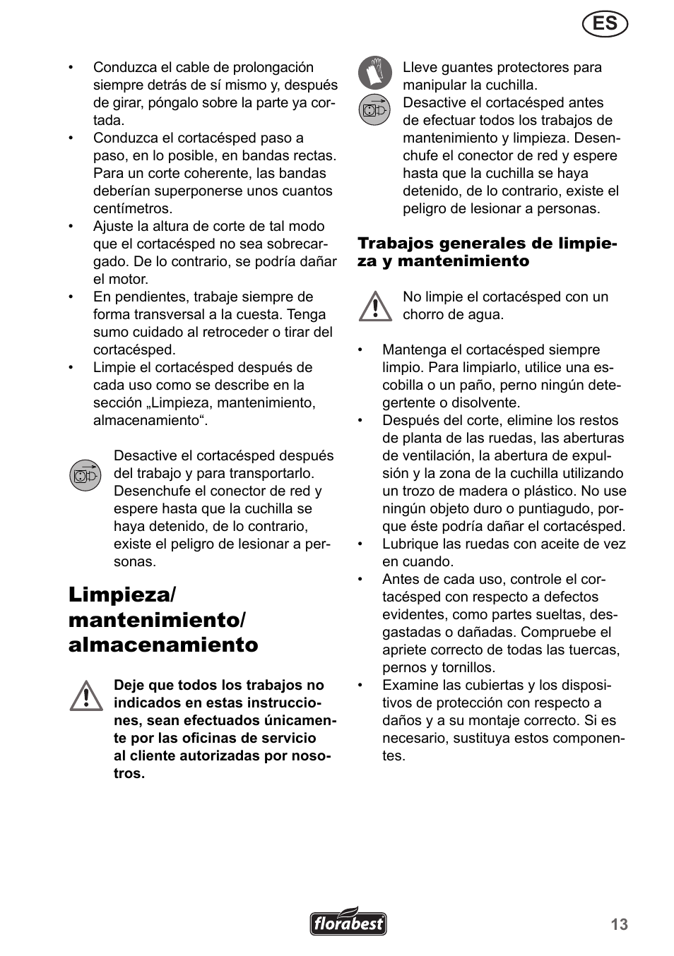 Limpieza/ mantenimiento/ almacenamiento | Florabest FRM 1800 A1 User Manual | Page 13 / 66
