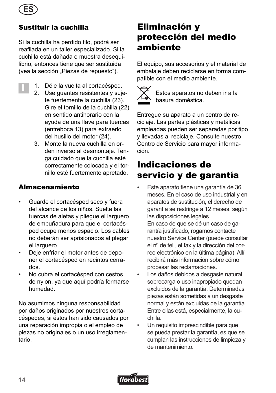 Eliminación y protección del medio ambiente, Indicaciones de servicio y de garantía | Florabest FRM 1800 A1 User Manual | Page 14 / 66