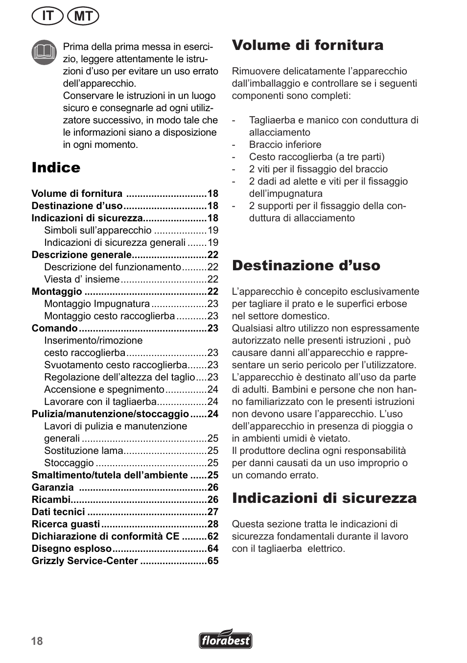 Indice, Volume di fornitura, Destinazione d’uso | Indicazioni di sicurezza, Mt it | Florabest FRM 1800 A1 User Manual | Page 18 / 66